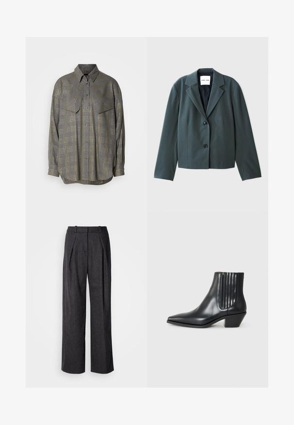 Blazer accorciato verde scuro con revers a punta, design monopetto e due bottoni neri. Tessuto liscio con una vestibilità strutturata.; Camicia grigia con bottoni realizzata in tessuto testurizzato, caratterizzata da un motivo a griglia in tonalità più chiare, un colletto e due tasche sul petto.; Pantaloni a gamba larga grigio scuro in tessuto testurizzato, con pieghe frontali e una classica linea in vita. Senza tasche visibili.; Stivaletto in pelle nera con punta affusolata, pannelli laterali elasticizzati con scanalature verticali e tacco basso a blocco. Texture liscia e design elegante.