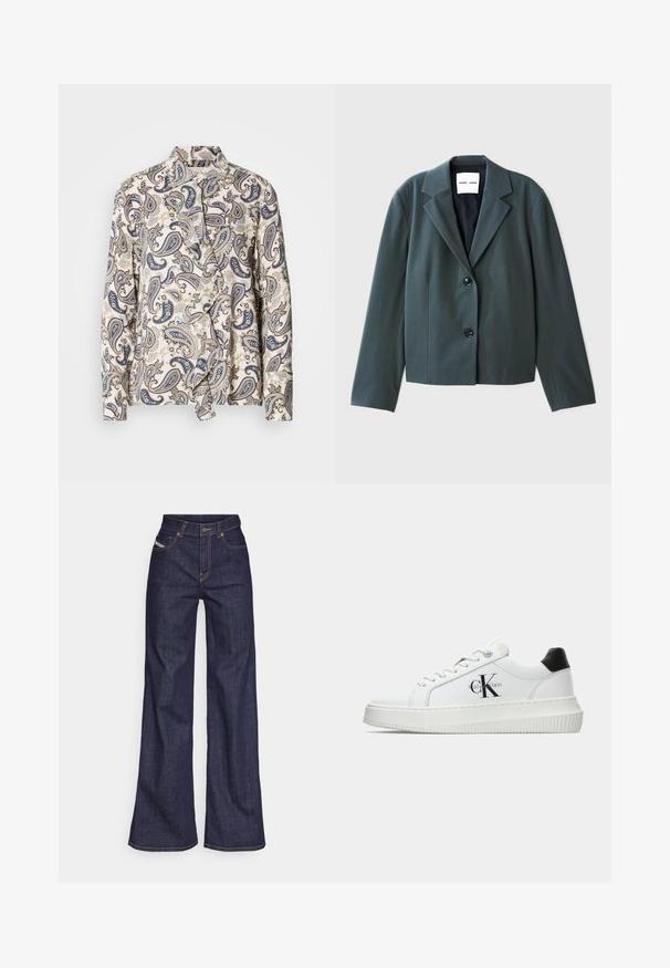Dark green cropped blazer with a notched lapel, single-breasted design, and two black buttons. Smooth fabric with a structured fit.; Patterned blouse featuring paisley design in navy, beige, and light blue, made from lightweight fabric with a hidden button closure and collar.; Dark blue wide-leg jeans in denim fabric with a high waist, featuring orange stitching, five-pocket design, and a button closure.; White low-top sneaker with black heel tab, platform sole, laces, and Calvin Klein "CK" logo on the side.