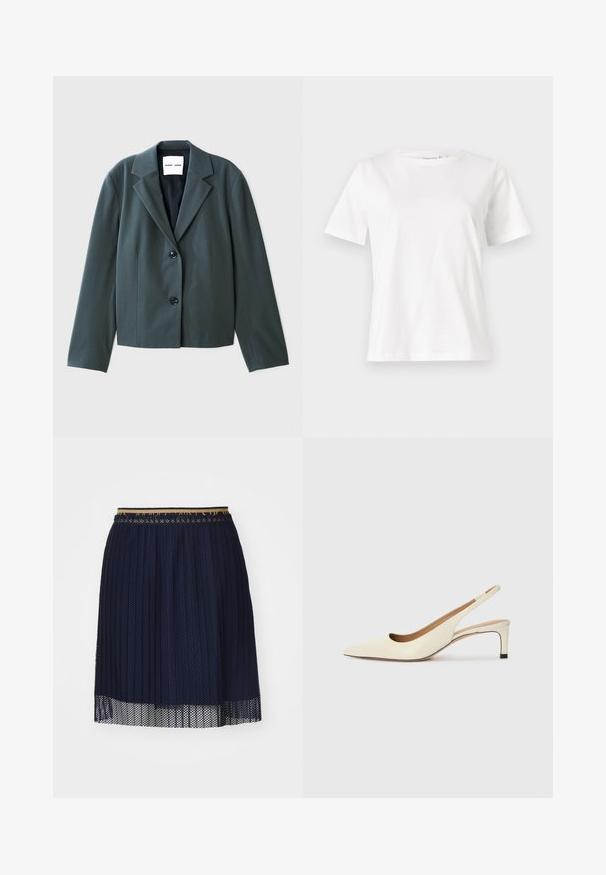 Dark green, collared blazer with long sleeves, a single-breasted design, two buttons, and a smooth texture. Brand label visible inside.; White cotton t-shirt with short sleeves, round neckline, and a relaxed fit. Smooth texture, no patterns or accents, minimalistic design.; Navy blue pleated skirt with a textured mesh fabric, featuring a contrasting waistband and a sheer hemline.; Pointed-toe slingback shoe in off-white leather, featuring a low heel and cut-out design with a smooth texture and minimal accents.