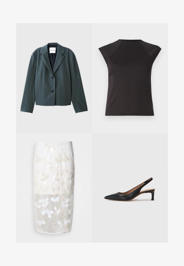 Tmavozelené sako s golierom a dlhými rukávmi, jednoradové s dvoma gombíkmi a hladkou textúrou. Vnútri viditeľná značka značky.; Čierny krátky rukáv top s okrúhlym výstrihom a šikmými ramennými švami. Vyrobený z hladkej tkaniny s priliehavým strihom a bez viditeľných vzorov.; Sukňa po kolená v krémovej farbe s kvetinovým vzorom z flitrov. Polopriesvitná horná vrstva, pod ňou podšívka. Hladká textúra s rôznymi bielymi ozdobami.; Čierne kožené slingback lodičky s špicatou špičkou, nízkym opätkom a hladkým povrchom. Obsahujú tenký nastaviteľný remienok pre bezpečné upevnenie.