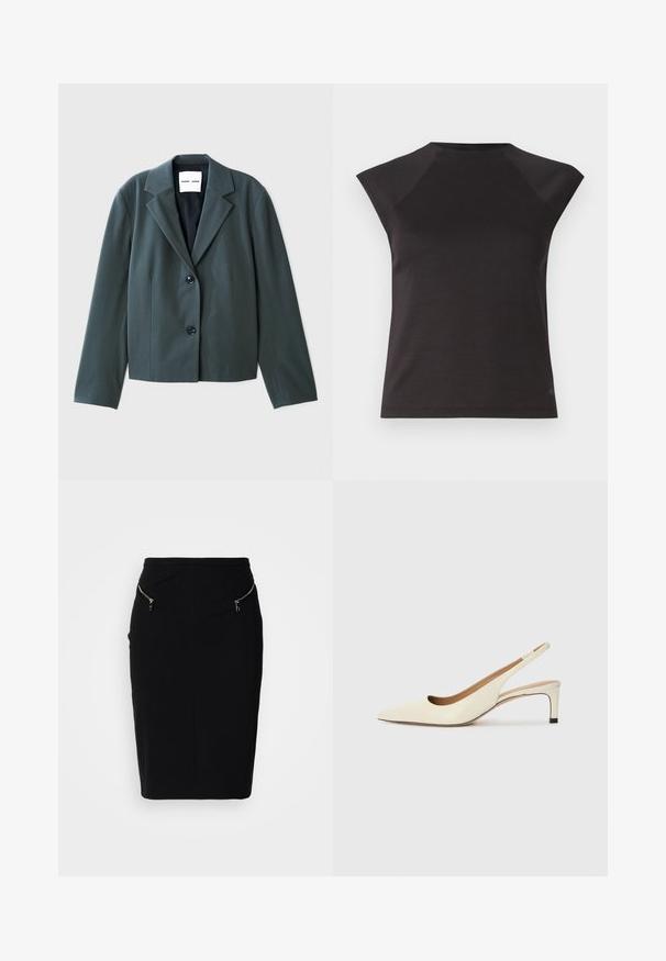 Σκούρο πράσινο κομμένο σακάκι με πέτο, μονόκουμπο σχέδιο και δύο μαύρους κουμπιά. Λείος υφάσματος με δομημένη εφαρμογή.; Μαύρο κοντομάνικο μπλούζα με στρογγυλή λαιμόκοψη και γωνιασμένες ραφές στους ώμους. Φτιαγμένο από απαλό ύφασμα με εφαρμοστή γραμμή και χωρίς ορατά σχέδια.; Μαύρη μίνι φούστα με λεία υφή, που διαθέτει δύο μπροστινές τσέπες με φερμουάρ και κομψό σχέδιο. Μεσαίου μήκους, εφαρμοστή σιλουέτα.; Μπαλαρίνα με μυτερή μύτη σε εκρού δέρμα, με χαμηλό τακούνι και κομψό σχέδιο κοπής, διαθέτοντας λεία υφή και ελάχιστες λεπτομέρειες.