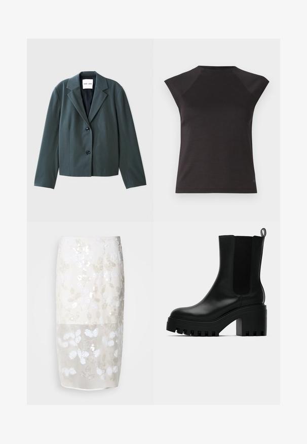 Tmavo zelený skrátený blazer s klopovým golierom, jednoradovým designom a dvoma čiernymi gombíkmi. Hladká tkanina so štruktúrovaným strihom.; Čierny krátky rukáv top s okrúhlym výstrihom a šikmými ramennými švami. Vyrobený z hladkej tkaniny s priliehavým strihom a bez viditeľných vzorov.; Sukňa po kolená v krémovej farbe s kvetinovým vzorom z flitrov. Polopriesvitná horná vrstva, pod ňou podšívka. Hladká textúra s rôznymi bielymi ozdobami.; Čierne kožené členkové topánky s okrúhlou špičkou, robustnou platformou a bočnými akcentmi z jemnej sieťoviny. Obsahujú pútko pre jednoduché obúvanie.