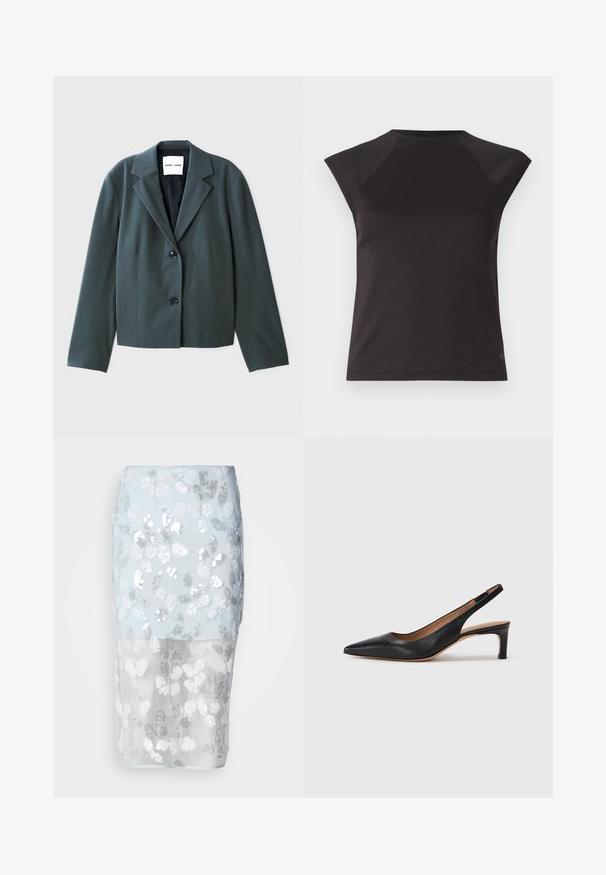 Tume roheline lühikeste varrukatega bleiser, millel on lõigatud krae, ühe nööbiga disain ja kaks musta nuppu. Sile kangas, millel on struktuurne istuvus.; Must mustrõngaga must lühikeste varrukatega topp, millel on nurga all õmblused õlgade juures. Valmistatud siledast kangast, sobib keha järgi ja ei sisalda silmatorkavaid mustreid.; Pistete sequins-kleit, millel on helesinine poolläbipaistev kiht ja valge lillemuster. Omab hõbedasi sequinse ja keha järgivat siluetti.; Must musta slingback tüüpi kingad terava nina, madala kontsaga ja sileda pinnaga. Sisaldab õhukest reguleeritavat rihma turvaliseks istumiseks.