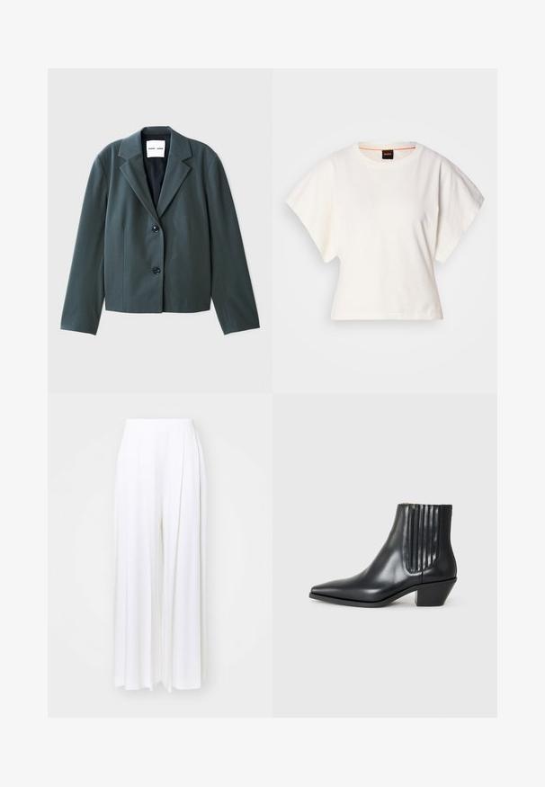 Czarny, ciemnozielony krótki żakiet z klapami, zapinany na jeden guzik, z dwoma czarnymi guzikami. Gładki materiał z wyraźnie zarysowanym krojem.; Biała, krótka koszulka z szerokimi rękawami, wykonana z miękkiej bawełny, okrągły dekolt z delikatnym pomarańczowym wykończeniem, minimalistyczny design, bez wzorów i grafik.; BOSS TETOSA biały; Czarne skórzane botki za kostkę z wysmuklonym noskiem, elastycznymi bocznymi panelami z pionowymi rowkami oraz niskim blokowym obcasem. Gładka tekstura i elegancki design.