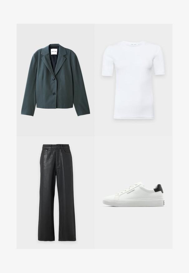 Tummanvihreä lyhyt bleiseri, jossa on viilto-olkaimet, yksi napitus ja kaksi mustaa nappia. Silkkinen kangas ja muotoiltu istuvuus.; Valkoinen lyhythihainen t-paita, joka on valmistettu puuvillasta. Siinä on pyöreä kaula-aukko ja sileä pinta, jossa on vain vähän näkyvää ommelta helmassa.; Mustat löysät housut, jotka on valmistettu kiiltävästä materiaalista. Ominaisuuksiin kuuluu nappisuljenta, vyölenkit ja etutaskut, joilla on sileä pinta.; Valkoiset tennarit, joissa on sileä pinta, musta kantapääkorostus ja nauhakiinnitys. Sivulla on "Calvin Klein" -brändäys. Minimalistinen tyyli.