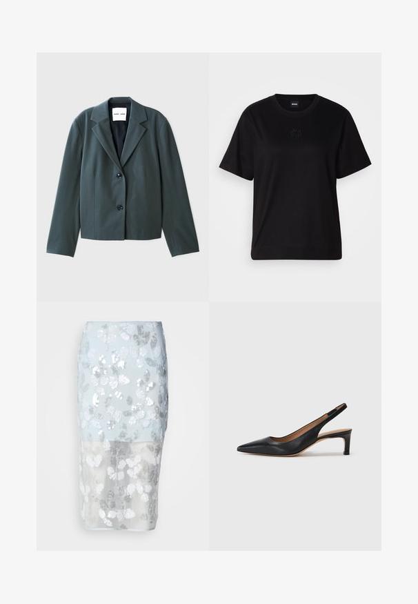 Tumši zaļš īsais žakets ar noaudzītajiem apkakles galiem, vienrindas pogu aizdari un divām melnām pogām. Gluda auduma ar strukturētu piegriezumu.; Melna kokvilnas T-krekls ar apaļu izgriezumu, īsām piedurknēm un izšūtu logotipu uz krūtīm. Vienkāršs, brīvs piegriezums bez rakstiem.; Spīguļota zīmulis svārki ar gaiši zilu caurspīdīgu pārklājumu un baltu ziedu rakstu. Iezīmē sudraba spīguļus un pieguļošu siluetu.; Melnas ādas siksnas un papēža kurpes ar vērstu purngalu, zemu papēdi un gludu tekstūru. Aprīkotas ar plānu regulējamu siksniņu drošai piegulšanai.