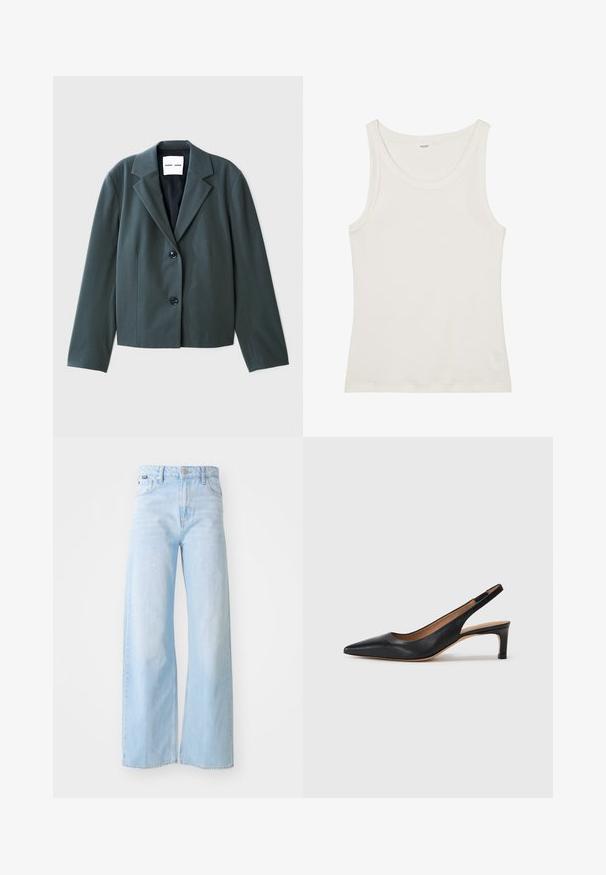 Mörkgrön kort blazer med slagkrage, ensamknäppt design och två svarta knappar. Slät tyg med en strukturerad passform.; Vit bomullstopp med vid halsringning och tunna axelremmar. Slät textur utan synliga mönster eller dekorationer.; Ljusblå vida jeans i denim, med hög midja, framfickor, knappstängning och stygndetaljer i fållen.; Svart läder slingback pumps med spetsig tå, låg klack och en mjuk yta. Har ett tunt justerbart rem för en säker passform.