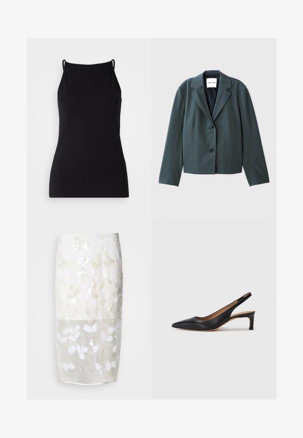 Blazer cortó de color verde oscuro con solapa muesca, diseño de un solo botón y dos botones negros. Tejido suave con un ajuste estructurado.; Camiseta de tirantes finos en color negro, hecha de una tela suave. Presenta un escote redondeado y una silueta ajustada, sin patrones ni adornos.; Falda hasta la rodilla en crema con un patrón de lentejuelas florales. Capa superior semitransparente, forrada por debajo. Textura suave con varios adornos blancos.; Zapato de tacón tipo slingback de cuero negro con punta afilada, tacón bajo y una textura suave. Cuenta con una delgada correa ajustable para un ajuste seguro.