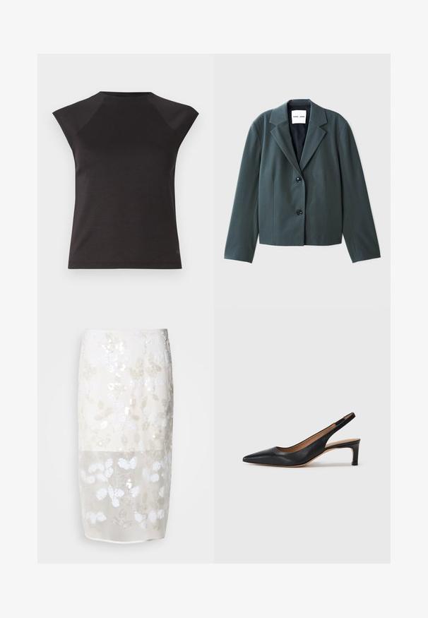 Tmavo zelený skrátený blazer s klopovým golierom, jednoradovým designom a dvoma čiernymi gombíkmi. Hladká tkanina so štruktúrovaným strihom.; Čierny krátky rukáv top s okrúhlym výstrihom a šikmými ramennými švami. Vyrobený z hladkej tkaniny s priliehavým strihom a bez viditeľných vzorov.; Sukňa po kolená v krémovej farbe s kvetinovým vzorom z flitrov. Polopriesvitná horná vrstva, pod ňou podšívka. Hladká textúra s rôznymi bielymi ozdobami.; Čierne kožené slingback lodičky s špicatou špičkou, nízkym opätkom a hladkým povrchom. Obsahujú tenký nastaviteľný remienok pre bezpečné upevnenie.