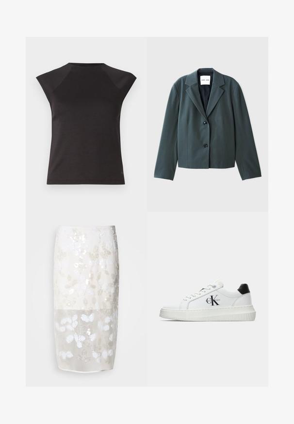 Tumši zaļš īsais žakets ar noaudzītajiem apkakles galiem, vienrindas pogu aizdari un divām melnām pogām. Gluda auduma ar strukturētu piegriezumu.; Melna īsām piedurknēm augšdaļa ar apaļu kakla izgriezumu un slīpām plecu šuvēm. Izgatavota no gludas auduma ar pieguļošu piegriezumu un bez redzamām rakstainēm.; Krūšu garuma svārki krēmkrāsā ar ziedu rakstu izšuvumiem. Puscaurspīdīga augšējā kārta, ieliktne zemāk. Gluda tekstūra ar dažādiem baltajiem dekoratīvajiem elementiem.; Baltā zema topa sporta apavas ar melnu papēža cilni, platformas zoli, auklēm un Calvin Klein "CK" logo sānos.