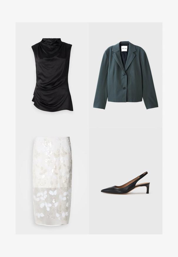 Tume roheline lühikeste varrukatega bleiser, millel on lõigatud krae, ühe nööbiga disain ja kaks musta nuppu. Sile kangas, millel on struktuurne istuvus.; Must have musta kaelusega must ilma varrukateta top, mis on valmistatud siledast kangast. Sellel on voolav kuju, asümmeetriline alläär ja peen kogumise detail külgedel.; Knee-length seelik kreemjas värviga, millel on lilleline sädelev muster. Poolläbipaistev ülemine kiht, allpool vooderdatud. Sile tekstuur erinevate valgete kaunistustega.; Must musta slingback tüüpi kingad terava nina, madala kontsaga ja sileda pinnaga. Sisaldab õhukest reguleeritavat rihma turvaliseks istumiseks.