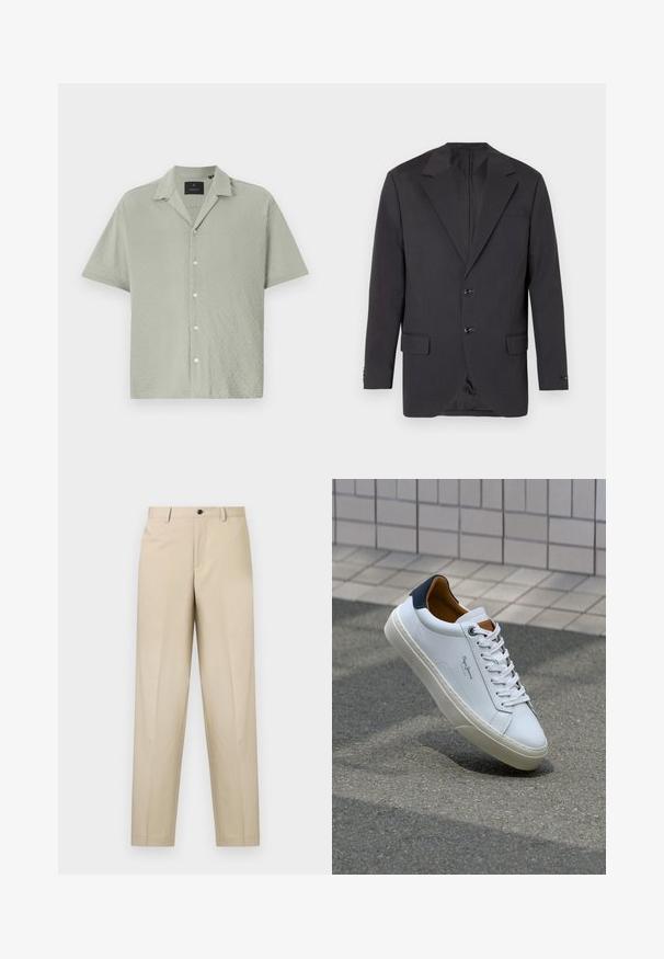 Tmavošedý blejzer s klopovým golierom, dvoma prednými gombíkmi, dvoma bočnými vreckami a jedným náprsním vreckom. Hladká tkanina s priliehavým strihom.; Košieľka na gombíky s krátkym rukávom vo svetlozelenej farbe, z textúrovanej látky s diamantovým vzorom, s výstrihom do "V" a predným zapínaním na gombíky.; Dvaja polo tričká: jedno biele s čiernymi akcentmi, druhé svetlo modré melírované. Každé má golier a dva gombíky na zapínanie s logom.; Béžové nohavice vyrobené z ľahkej tkaniny, s rovnými nohavicami, jedným predným záhybom a gombíkovým zapínaním na páse.; Biele kožené tenisky s námorníckym opätkom, okrúhlou špičkou a kontrastnými hnedými akcentami. Majú ploché šnúrky a textúrovanú gumovú podrážku.