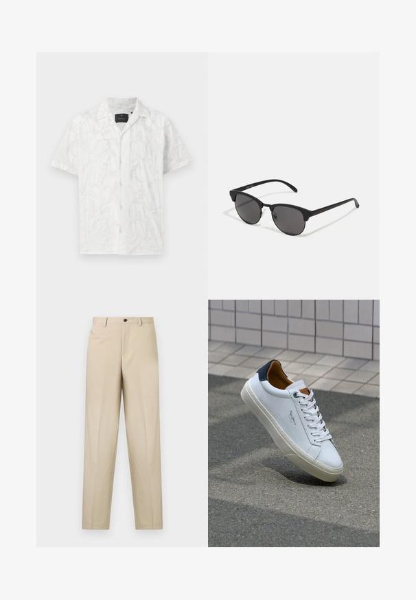 Mørk grå blazer med nakkeslag, to frontknapper, to sidelommer og en enkelt brystlomme. Glatt stoff med en skreddersydd passform.; Hvit kortermet skjorte med delikat broderi av blad- og blomstermønster. Betydelige detaljer inkluderer en frontlukking med knapper og en krage.; To polo-shirts: en hvit med svarte detaljer og en lys blå heather. Hver av dem har krage og to-knapps placket med logo.; Beige bukser laget av lett stoff, med rette ben, enkel frontfold og knappelukking i midjen.; Hvit lærsneaker med marineblå hæl, rund tå og kontrasterende brune detaljer. Har flate lisser og teksturert gummisåle.; Sorte solbriller med runde linser, matt finish og karakteristisk katteøyeform. Slanke armer med subtil merking på venstre tempel.
