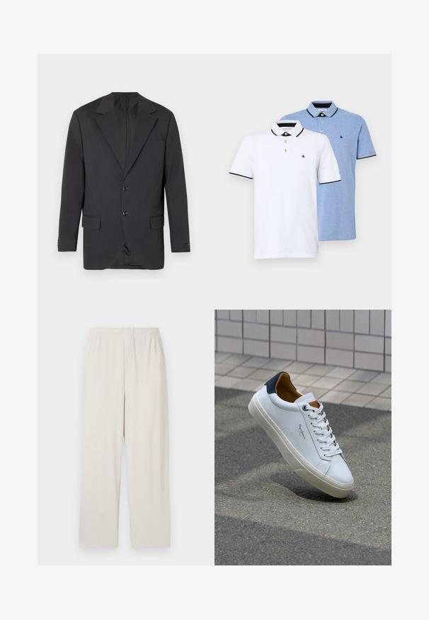Tamno sivi sako s reverima, dva prednja dugmeta, dva bočna džepa i jedan džep na grudima. Glatka tkanina sa krojem koji se prilagođava.; Dvije polo majice: jedna bijela s crnim akcentima, a druga svijetloplava heather. Svaka ima ovratnik i plaket s dva gumba s logotipom.; Bež široke hlače s rebrastim uzorkom i elastičnom gumicom u struku. Imaju vertikalne pruge i mekani, teksturirani materijal.; Bijela kožna tenisica s mornarskom petom, okruglim vrhom i kontrastnim smešnim akcentima. Sadrži ravne vezice i teksturiranu gumenu potplat.