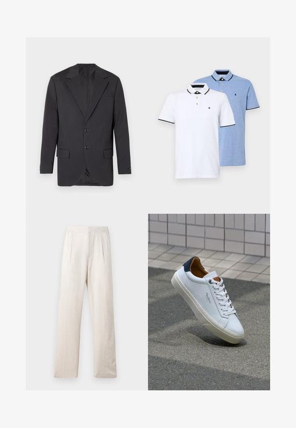 Tummanharmaa bleiseri, jossa on notchi-kaulus, kaksi etupainiketta, kaksi sivutaskua ja yksi rintatasku. Tasainen kangas ja istuva malli.; Kaksi polo-paitaa: yksi valkoinen mustilla yksityiskohdilla, toinen vaaleansininen heather. Molemmissa on kaulus ja kaksipainanappinen nappirivistö logolla.; Vaaleanbeiget leveät housut, valmistettu teksturoidusta kankaasta, jossa on joustava vyötärö ja kaksi etupleittiä lisäyksinä.; Valkoinen nahkakenkä, jossa on tummansininen kantapää, pyöreä kärki ja ristikkäiset ruskeat korostukset. Varustettu tasapaksuilla nauhoilla ja teksturoidulla kumipohjalla.