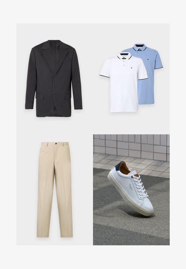 Dark gray blazer with a notch lapel, two front buttons, two side pockets, and a single chest pocket. Smooth fabric with a tailored fit.; Two polo shirts: one white with black accents, the other light blue heather. Each features a collar and two-button placket with logo.; Beige trousers made of lightweight fabric, featuring a straight leg design, single front pleat, and a button closure at the waistband.; White leather sneaker with a navy heel, round toe, and contrasting brown accents. Features flat laces and textured rubber sole.
