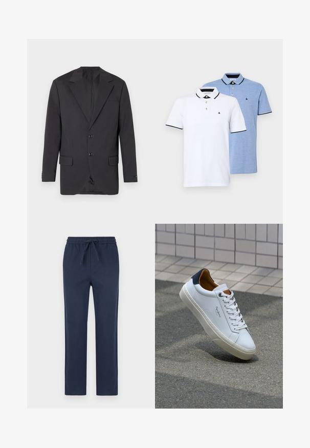 Blazer gris oscuro con solapa muesca, dos botones frontales, dos bolsillos laterales y un bolsillo en el pecho. Tejido suave con un corte ajustado.; Dos camisas polo: una blanca con detalles negros y la otra azul claro jaspeado. Cada una cuenta con un cuello y una tapeta de dos botones con el logotipo.; Pantalones de tiro elástico azul marino con cordón, diseño de pierna recta, textura suave y sin patrones visibles ni detalles de hardware.; Zapatilla de cuero blanca con talón en azul marino, punta redonda y acentos en marrón a contraste. Presenta cordones planos y suela de goma texturizada.