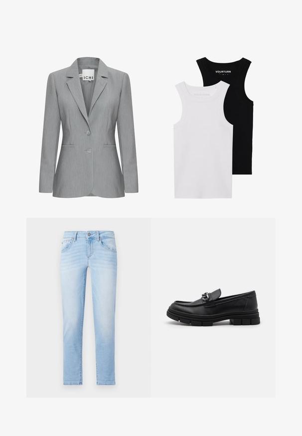 Sacou de culoare gri deschis cu rever clasic, două butoane și buzunare laterale. Fabricat dintr-un material texturat cu o croială ajustată. Eticheta brandului este vizibilă.; Două topuri cu mânecă scurtă, ajustate, în negru și alb. Realizate din bumbac striat, acestea au curele late și decolteuri rotunde. Branding pe guler.; Jeans din denim de un albastru deschis, cu croială dreaptă, cinci buzunare și decolorări subtile. Prezintă un sistem de închidere cu buton metalic și passanti pentru curea.; Mocasini din piele neagră cu vârful rotund, o curea decorativă și accesorii metalice, și o talpă chunky texturată. Finisaj neted cu detalii subtile.