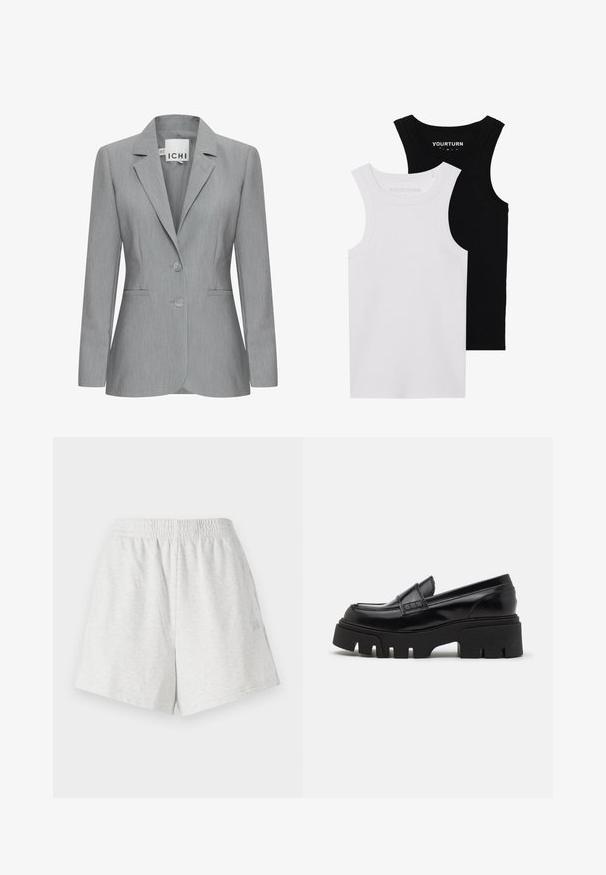 Lys grå blazer med spillet revers, to knapper og sidelommer. Fremstillet i tekstureret stof med en skræddersyet pasform. Mærkeetiket synlig.; To fitted tanktoppe i sort og hvid. De er lavet af ribbet bomuld og har brede stropper og rund halsudskæring. Branding på kraven.; Grå bomuldsbukser med elastisk talje, sidesømme og ingen synlige lommer. Blød tekstur med et enkelt design uden mønstre.; Sorte læder loafers med en chunky, tekstureret platformssål og en dekorativ rem over toppen. Glat, blank finish.