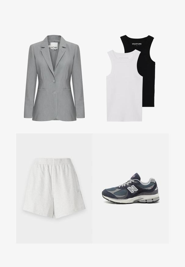 Blazer gris clair avec un col cranté, deux boutons et des poches latérales. Fabriqué en tissu texturé avec une coupe ajustée. Étiquette de la marque visible.; Deux débardeurs ajustés en noir et blanc. Fabriqués en coton côtelé, ils disposent de larges bretelles et d'un col arrondi. Marque sur le col.; Shorts en coton gris avec une taille élastique, des coutures latérales et sans poches visibles. Texture douce avec un design simple et sans motifs.; Baskets New Balance avec un dessus en mesh et en daim marine, des accents gris, un logo blanc, une semelle rembourrée et des détails texturés.