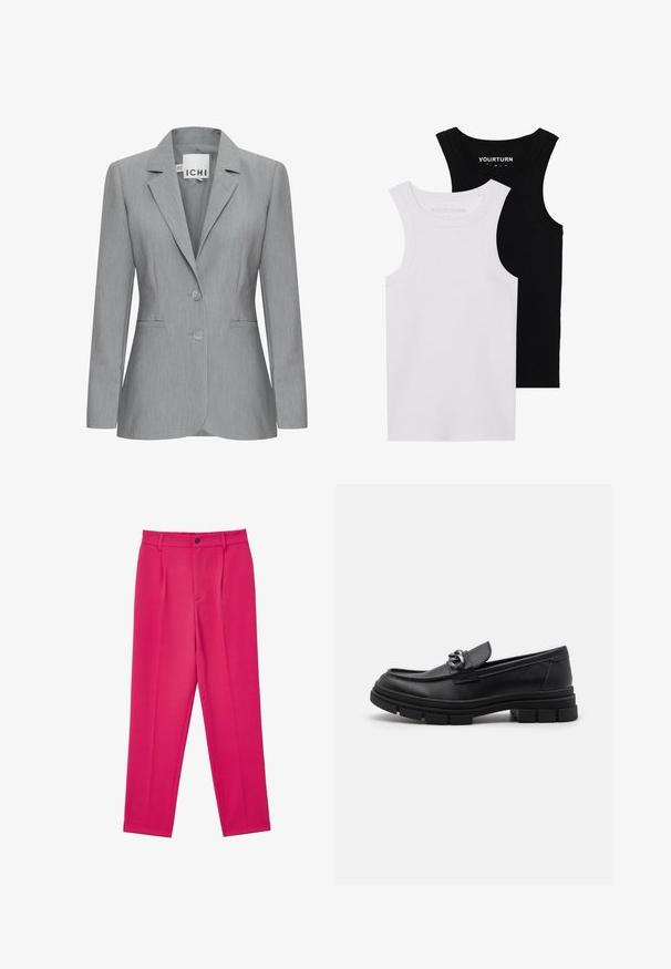 Helle graue Blazer mit Reverskragen, zwei Knöpfen und Seitentaschen. Aus strukturiertem Stoff mit taillierter Passform. Markenlabel sichtbar.; Zwei figurbetonte Tanktops in Schwarz und Weiß. Aus geripptem Baumwollmaterial hergestellt, verfügen sie über breite Träger und runde Ausschnitte. Branding am Kragen.; Fuchsia Hose mit glatter Textur, mittelhoher Taillenbund, vorderen Falten und einem Knopfverschluss. Gerader Beinverlauf.; Schwarzer Lederloafer mit runder Zehenform, einem dekorativen Riemen und Hardware sowie einer robusten, strukturierten Sohle. Glatte Oberfläche mit dezenten Details.