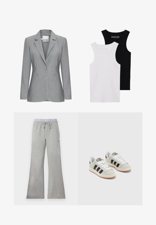 Ljust grå kavaj med spettslag, två knappar och sidofickor. Tillverkad av strukturtyg med en skräddarsydd passform. Varumärkesetikett synlig.; Två figurnära linnen i svart och vitt. Tillverkade av ribbat bomull, de har breda axelband och rundad halsringning. Logotypen finns på kragen.; Grå sweatpants gjorda av mjukt tyg, med en dragsko i midjan och ett randigt mönster, samt en avslappnad, bred benform.; Grå mocka sneakers med vita snören, svarta ränder och en vit gummisula. Har en rund logo på tungan och en gummisula.