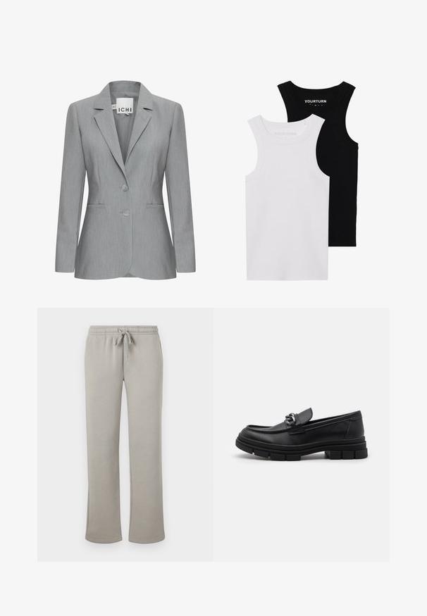 Világosszürke blazer, kiemelkedő hajtókával, két gombbal és oldalsó zsebekkel. Texturált anyagból készült, testre szabott fazonnal. Márkajelzés látható.; Két testhez simuló trikó fekete és fehér színben. Bordázott pamutból készült, széles pántokkal és kerek kivágással rendelkezik. A galléron logó található.; Világosszürke vászon tréningnadrág, puha pamut keverékből, rugalmas derékkal és állítható zsinórral, egyenes szabású lábakkal.; Fekete bőr mokaszín, lekerekített orral, díszes pánttal és fém kiegészítővel, valamint vastag, texturált talppal. Simább felület, finom részletezéssel.
