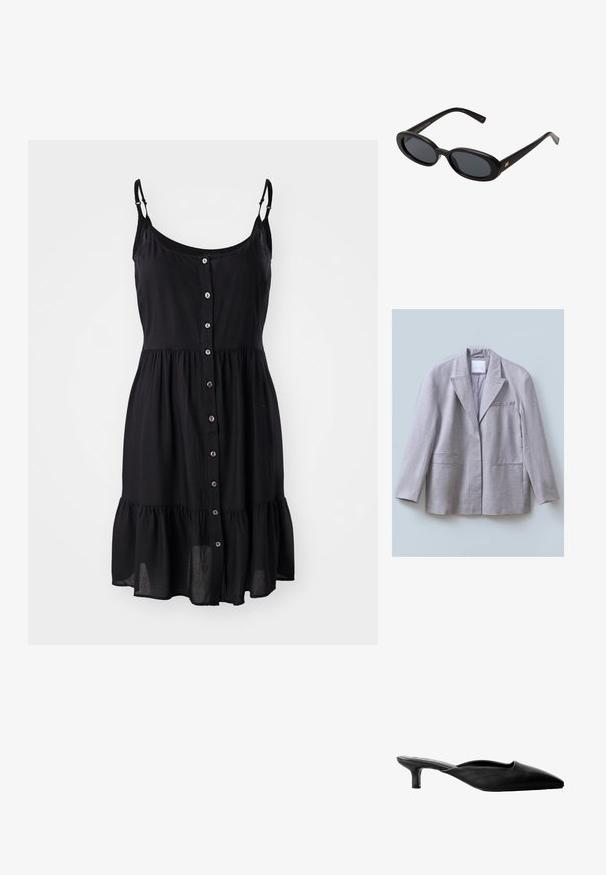 Šviesiai pilka švarkas, pagamintas iš tekstūruotos medžiagos, su išpjautu apykakle, vienu krūtiniu kišeniu ir dviem priekiniais kišeniais, sukurtas su laisvu siluetu.; Juoda be rankovių suknelė su mygtukų užsegimu priekyje, raukšlėta apatine dalimi ir reguliuojamomis petnešomis, pagaminta iš lengvos medžiagos.; Juodos odinės aukštakulnės mule sandalai su smailiu nosiu, atvira nugara ir žemu blokuotu kulnu. Lygaus paviršiaus su minimalistiniu dizainu.; Juodos didelės saulės akinių su ovaliais objektyvais, lygia plastiko rėmeliu ir aukso akcentais ant šventyklos. Tamsūs objektyvai suteikia apsaugą nuo saulės.