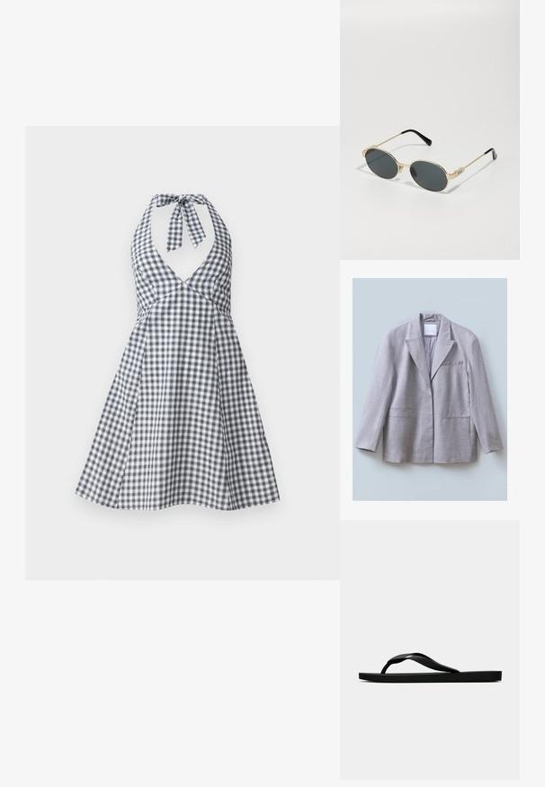 Sacou gri deschis, realizat dintr-un material texturat, cu rever clasic, un buzunar pe piept și două buzunare frontale, conceput cu o croială lejeră.; Rochie halter în carouri albastre și albe, cu decolteu adânc în V și legare la spate. Design cu fustă evazată, corp ajustat și detalii cu plii.; Sandala flip-flop din cauciuc negru, cu un bretele texturat și o talpă simplă și plată, prezentată din lateral pe un fundal simplu și deschis.; Ochelari de soare din metal aurit, cu lentile ovale și lentile întunecate. Vârfuri din acetat negru pe brațe. Numele brandului "QUAY" pe lateral.