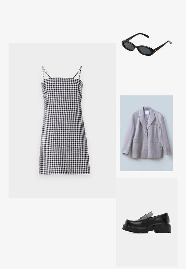 Lys grå blazer lavet af tekstureret stof med reverskrave, enkelt brystlomme og to forlommer, designet med en afslappet pasform.; Sort og hvidternet kjole med tynde spaghetti-stropper, lige silhuet og en tætsiddende bodice. 100% bomuldsmateriale med en glat overflade.; Sorte læder loafers med en chunky tekstureret sål, der har en rem over vamps og en glat, poleret finish.; Store store