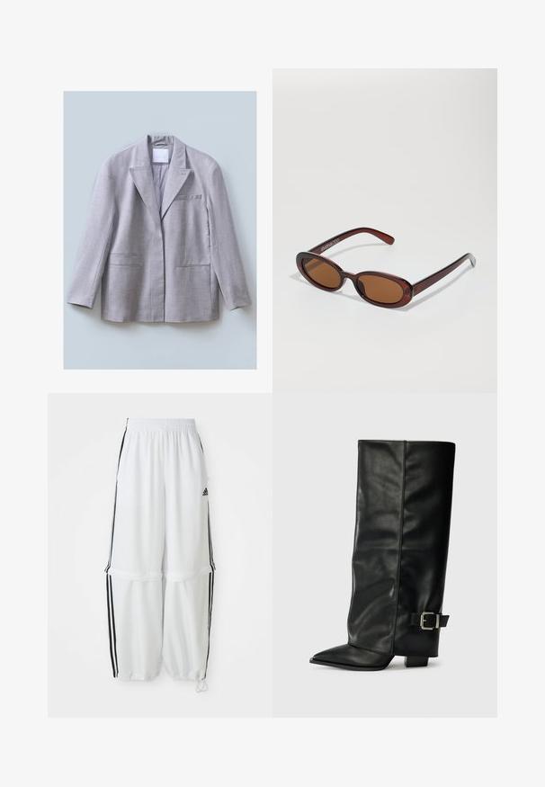 Svetlošedý blazer vyrobený z texturovanej látky, s klopovým golierom, jedným vreckom na prsiach a dvomi prednými vreckami, navrhnutý s voľným strihom.; Biela košeľa s dlhým rukávom na gombíky vyrobená z bavlny. Obsahuje golier, prednú vrecko, zaoblený lem a malú červenú nášivku s logom blízko vrecka.; Biele športové nohavice so voľným strihom, elastickým pásom a čiernymi bočnými pruhmi. Obsahujú zipsové vrecká a elastické manžety na členkoch.; Čierne kožené členkové topánky s špicatou špičkou, hladkou textúrou a striebornou prackou na boku. Masívny štvorcový podpätok.; Okrúhle slnečné okuliare s hnedým nádychom a lesklým burgundským rámom. Úzke ramená s jemným brandovaním. Plochej šošovky dizajn.; Hnedá semišová kabelka s mäkkým, uvoľneným tvarom. Má kožené rúčky a ozdobný štítok. Jednoduchá textúra s zakrivenými švami.