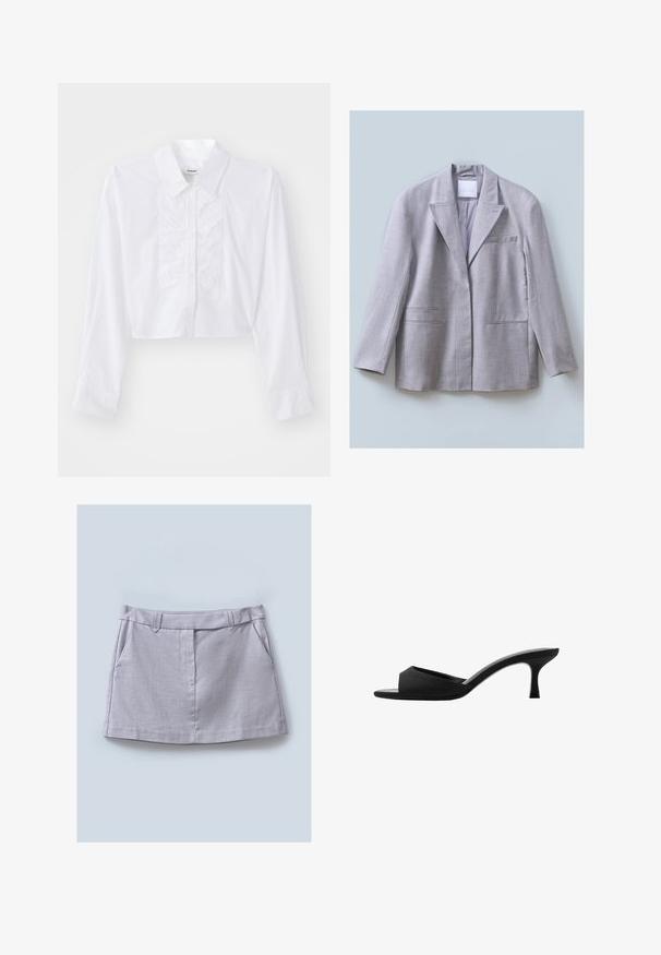 Sacou gri deschis, realizat dintr-un material texturat, cu rever clasic, un buzunar pe piept și două buzunare frontale, conceput cu o croială lejeră.; Cămașă scurtă albă, făcută din bumbac fin, cu un detaliu plisat în față, guler ascuțit și mâneci lungi cu duze butonate.; Fustă gri cu o textură netedă, având un brâu plat, două buzunare frontale și un design drept.; Mule negre cu toc înalt, cu vârful larg deschis și un brâu curbat. Fabricate dintr-un material texturat, având un toc subțire și o talpă netedă.
