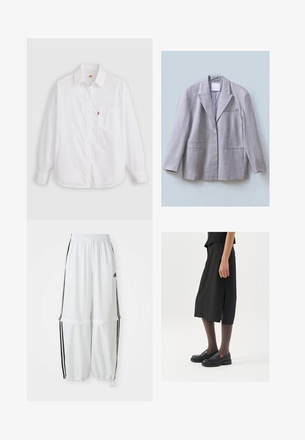 Helles graues Blazer aus strukturiertem Stoff mit Reverskragen, einer Brusttasche und zwei Fronttaschen, entworfen in lockerer Passform.; Weiße Langarm-Hemd aus Baumwolle. Mit Kragen, einer Brusttasche, abgerundetem Saum und einem kleinen roten Logo-Tag nahe der Tasche.; Weiße Sporthose mit lockerer Passform, elastischem Bund und schwarzen Seitenstreifen. Verfügt über Reißverschlusstaschen und elastische Bündchen am Knöchel.; Schwarzer knielanger Rock mit seitlichem Schlitz, kombiniert mit schwarzen Loafers und transparenten braunen Strumpfhosen, aus glattem Stoff und mit einem schlichten Design.