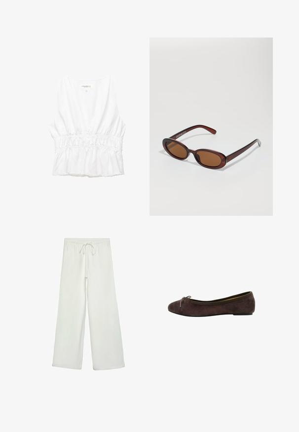 Helles graues Blazer aus strukturiertem Stoff mit Reverskragen, einer Brusttasche und zwei Fronttaschen, entworfen in lockerer Passform.; Weißes ärmelloses Oberteil mit tiefem V-Ausschnitt, gerafftem elastischen Bund und fransigem Saum. Aus leichtem, strukturiertem Stoff gefertigt.; Weiße, weit geschnittene Hose aus weichem Stoff. Mit einem elastischen Bund und einem Kordelzug sowie einer glatten Oberfläche. Keine sichtbaren Muster oder Hardware.; Braune Wildleder-Ballettschuhe mit abgerundetem Zehenbereich, Satin-Schleifendetail und elastischem Rand. Schlanker Gummisohle mit minimaler Höhe. Glatte Textur.; Runde, braun getönte Sonnenbrillen mit einem glänzenden burgunderfarbenen Rahmen. Schlanke Bügel mit dezentem Branding. Flaches Linsendesign.; Braune Leder-Crossbody-Tasche mit einer Schnalle aus goldfarbenem Metall, rechteckiger Form, glatter Textur und einem abnehmbaren Tragegurt.