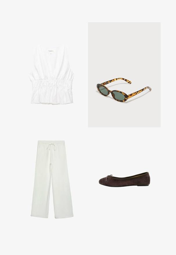 Blazer grigio chiaro realizzato in tessuto testurizzato, con rever a punta, singolo taschino sul petto e due tasche anteriori, progettato con una vestibilità comoda.; Top bianco senza maniche con scollatura a V profonda, vita elastica arricciata e orlo sfrangiato. Realizzato in tessuto leggero e testurizzato.; Pantaloni bianchi a gamba larga realizzati in un tessuto morbido. Presentano un elastico in vita con cordino e una consistenza liscia. Senza motivi visibili o accessori.; Ballerina in suede marrone con punta arrotondata, dettaglio in satin a fiocco e bordo elastico. Sottopiede in gomma sottile con altezza minima. Texture liscia.; Occhiali da sole tartarugati con montatura ovale, lenti verde scuro e aste sottili. Presentano un logo sottile sull'asta.; Borsa a tracolla in pelle marrone con una fibbia in metallo dorato, forma rettangolare, texture liscia e tracolla rimovibile.