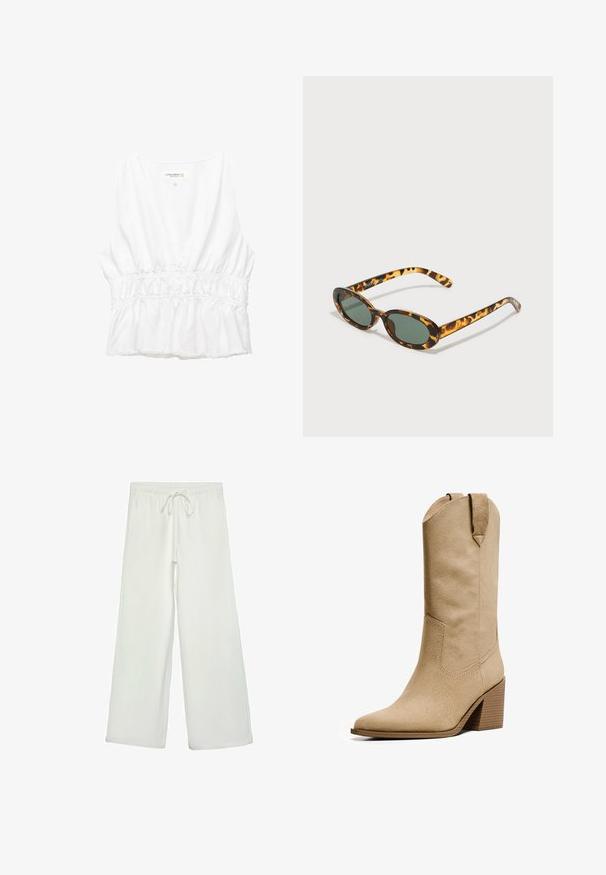 Blazer gris clair en tissu texturé avec un col cranté, une poche poitrine unique et deux poches avant, conçu avec une coupe décontractée.; Haut sans manches blanc avec un décolleté en V plongeant, taille élastique froncée et ourlet effiloché. Fabriqué en tissu léger et texturé.; Pantalons larges blancs en tissu doux. Dotés d'une taille élastique avec cordon de serrage et d'une texture lisse. Aucuns motifs visibles ni éléments en métal.; Bershka HIGH-HEEL - Bottes de cowboy / motard - beige; Lunettes de soleil écaille de tortue avec des montures ovales, des verres vert foncé et des branches fines. Présente un logo discret sur la branche.