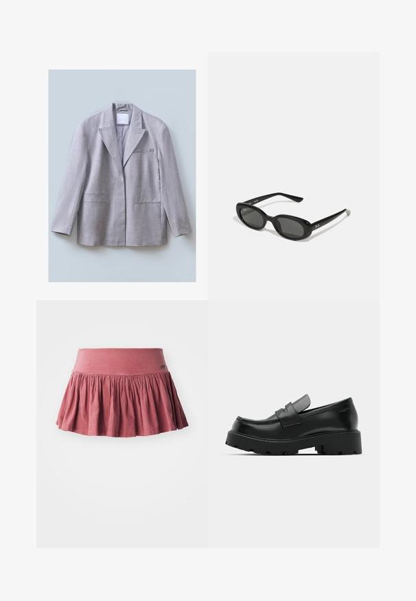 Svetlo siva blazer jakna iz teksturiranega materiala z ovratnikom, enim žepom na prsih in dvema sprednjima žepoma, zasnovana v sproščenem kroju.; Dva bombažna crop topa v beli in črni barvi. Vsak ima globok izrez in tanke naramnice, ter se ponaša z gladko, mehko teksturo.; Roza bombažna krila z elastičnim pasom, s gubanjem in razširjeno obliko. Gladka tekstura, dolžina do kolen.; Črne usnjene loafer čevlje z masivnim teksturiranim podplatom, opremljene z naramnico nad vampom in gladko, polirano površino.; Črne sončne očala z ovalnimi lečami, sijajnim plastičnim okvirjem in tankimi ročaji. Na strani se nahaja belo logotip Ray-Ban.