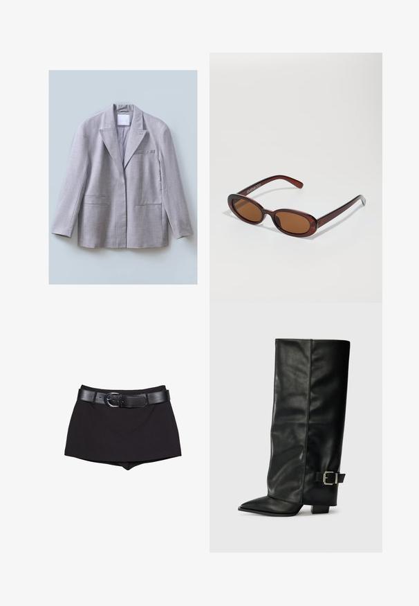 Jasnoszary blezer wykonany z fakturowanej tkaniny, z klapami w kształcie litery V, pojedynczą kieszenią na piersi oraz dwiema przednimi kieszeniami, zaprojektowany w luźnym kroju.; Czarna koszula z długim rękawem o szerokim dekolcie, wykonana z miękkiego materiału, charakteryzująca się dopasowanym krojem i minimalnymi detalami szwów.; Czarne szorty o gładkiej fakturze, z szerokim czarnym paskiem i srebrną klamrą, skrojone w dopasowanym kroju z lekko podwyższonym stanem.; Czarne skórzane botki do kostek z ostrym noskiem, gładką fakturą i srebrnym zapięciem z boku. Gruby kwadratowy obcas.; Okrągłe, brązowe okulary przeciwsłoneczne z błyszczącą bordową oprawą. Cienkie ramiona z subtelnym detalem marki. Płaski kształt soczewek.; Brązowa torebka z zamszu o miękkim, opadającym kształcie. Posiada skórzane uchwyty i akcent w postaci metki. Gładka tekstura z zaokrąglonymi szwami.