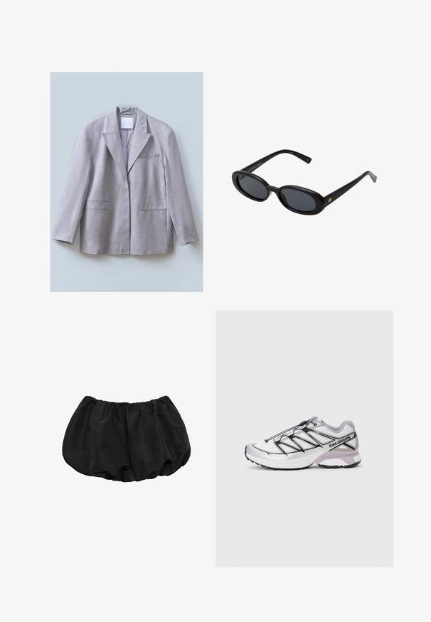 Blazer grigio chiaro realizzato in tessuto testurizzato, con rever a punta, singolo taschino sul petto e due tasche anteriori, progettato con una vestibilità comoda.; Top in cotone bianco senza maniche, con una texture a coste e scollatura rotonda. Presenta un'etichetta sul collo con la scritta "WEEKDAY".; Pantaloni corti in cotone nero con vita elasticizzata, caratterizzati da un design ampio e arricciato e dettagli di cucitura minimi.; Scarpa da corsa con una parte superiore in rete bianca leggera, dettagli argentati e sistema di lacci neri; presenta una suola strutturata per la trazione.; Occhiali da sole neri oversize con lenti ovali, montatura in plastica liscia e accenti dorati sulle tempie. Le lenti scure offrono protezione dal sole.; Sciarpa di lana grigia con una texture morbida, forma rettangolare e estremità frangiate, adatta per il calore e per essere stratificata in climi più freddi.; Borsa a tracolla in camoscio marrone scuro con tracolla regolabile, dettagli in metallo color oro e grande chiusura a patta frontale.