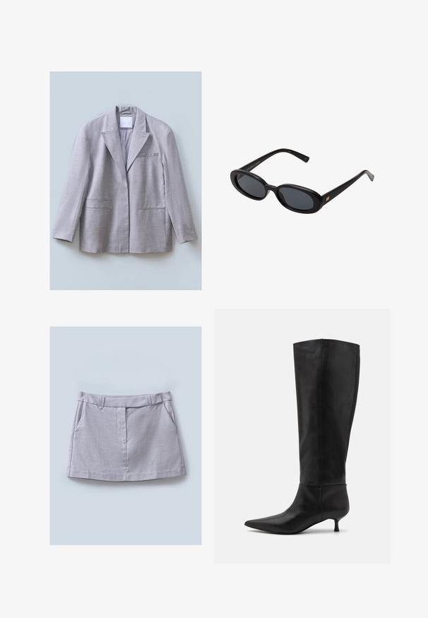 Helehall särk, mis on valmistatud tekstuuriga kangast, millel on lõikega krae, üks rinnatasku ja kaks esistaskut, loodud mugava sobivuse saavutamiseks.; Valge ribaga tank top, millel on must tikandiga logo, mis on keskendatud rinnale. Kaelus ja käeaukude servad on kaunistatud diskreetse ääristusega.; Hall hall, millel on sile tekstuur, lamedate vöökohtadega, kahe esiküljel oleva taskuga ja sirge lõikega disain.; Knee-high musta nahkkingad terava ninaga ja väikese kontsaga. Sile tekstuur ja minimaalne disain ilma nähtava riistvara või aktsentideta.; Mustad mustad prillid ovaalsete läätsedega, sujuvast plastmassraamist ja kuldsete aktsentidega tempel. Tumedaid läätsi, mis pakuvad päikese kaitset.