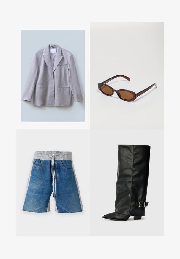 Svijetlosivi sako od teksturiranog materijala s rezanim reverima, jednim džepom na prsima i dva prednja džepa, dizajniran s opuštenim krojem.; Svijetloružičasti top bez rukava s sivoj obrubi i podesivim trakama, s velikim, središnjim sivim "adidas" logotipom. Pamuk.; Traper šorts sa sivim elastičnim pojasom, sa vrpcom za podešavanje. Dizajn uključuje bočne džepove i izgled u blokovima boja.; Crne kožne čizme do gležnja sa šiljastim vrhom, glatkom teksturom i srebrnim kopčanjem sa strane. Debela kvadratna peta.; Okvir okruglih, smeđkastih sunčanih naočala s sjajnim burgundskim okvirom. Uski nositelji s suptilnim brendiranjem. Ravna leća.; Smeđa nubuk torba s mekim, opuštenim oblikom. Ima kožne ručke i oznaku kao detalj. Jednostavna tekstura s zakrivljenim šavovima.