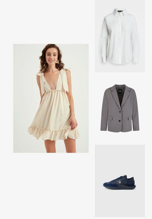 Grauer Blazer aus glattem Stoff mit Reverskragen, zwei Knöpfen und seitlichen Taschen, in taillierter Passform und mit minimalen Nähten.; Chiquelle RUFFLE DRESS - Freizeitkleid - beige; Weißes Hemd mit Knopfleiste aus glattem Baumwollmaterial und klassischem Kragen, mit geradem Saum und beigen Knöpfen entlang der Vorderseite.; Marineblaue Sportschuhe aus Wildleder und Mesh-Materialien, mit Gummisohle, Schnürdesign und einem goldenen Logoakzent.; Schwarze Tragetasche aus Stoff, mit einem auffälligen geprägten Logo in einem kreisförmigen Design. Glatte Oberfläche mit kontrastierenden Lederakzenten.