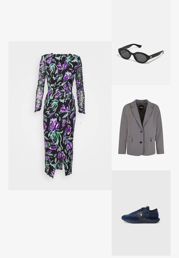 Grauer Blazer aus glattem Stoff mit Reverskragen, zwei Knöpfen und seitlichen Taschen, in taillierter Passform und mit minimalen Nähten.; Diane von Furstenberg VIVIANNE DRESS - Freizeitkleid - black/multicoloured; Marineblaue Sportschuhe aus Wildleder und Mesh-Materialien, mit Gummisohle, Schnürdesign und einem goldenen Logoakzent.; Schwarze ovale Sonnenbrille mit dunklen Gläsern und glänzendem Kunststoffrahmen. Mit goldenem Logo am Bügel, das ein elegantes und modernes Design bietet.; Schwarze Tragetasche aus Stoff, mit einem auffälligen geprägten Logo in einem kreisförmigen Design. Glatte Oberfläche mit kontrastierenden Lederakzenten.