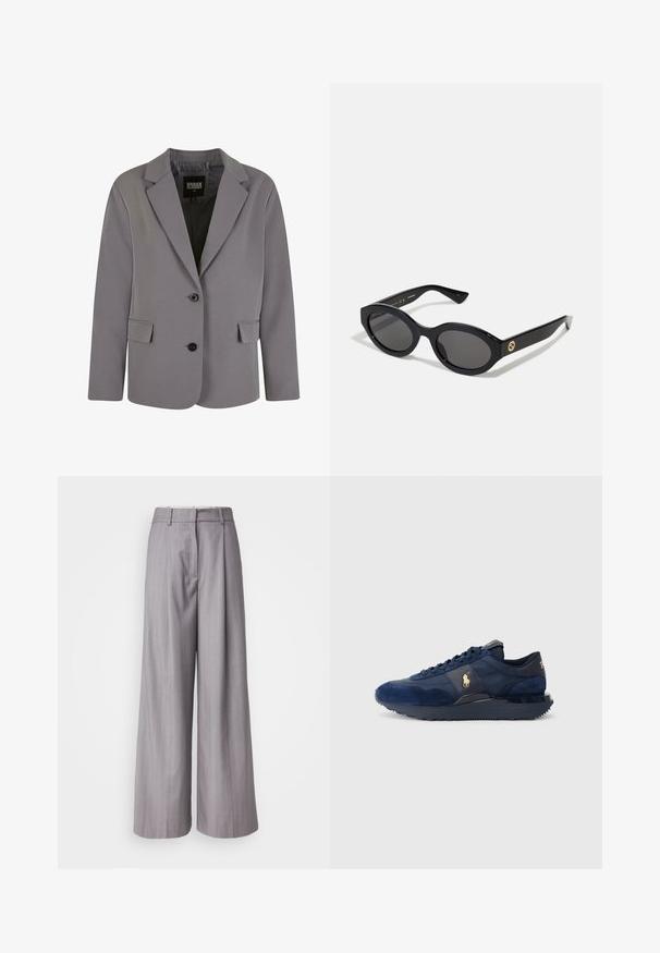 Šedý blazer vyrobený z hladkého materiálu má klopový límec, dva knoflíky a boční kapsy s upraveným střihem a minimálními švy.; Šedý rolák vyrobený z měkkého pleteného materiálu s ribovanými manžetami a lemem. Disponuje volným střihem a strukturovaným výstřihem.; Bílá košile s rozepínáním, vyrobená z hladké bavlny, s klasickým límcem, rovný lem a béžové knoflíky na přední straně.; Šedé široké kalhoty vyrobené z texturované tkaniny, které mají jemný proužkovaný vzor a přední záhyb pro dodatečný detail.; Námořnické modré sportovní boty vyrobené z jemné kůže a síťoviny, s gumovou podrážkou, šněrovacím designem a zlatým logem jako akcentem.; Černé oválné sluneční brýle s tmavými skly a lesklým plastovým rámem. Obsahují zlaté logo na straně, které poskytuje elegantní a moderní design.; Černá taška přes rameno vyrobená z látky, s výrazným embosovaným logem v kruhovém designu. Hladký povrch s kontrastními koženými detaily.