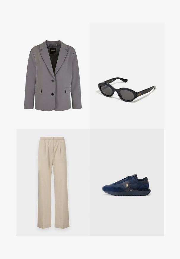 Blazer grigio realizzato in tessuto liscio, presenta un colletto a revers, due bottoni e tasche laterali, con una vestibilità su misura e dettagli di cucitura minimi.; Maglione grigio a collo alto realizzato in morbido tessuto a maglia con polsini e orlo a coste. Presenta una vestibilità rilassata e un colletto strutturato.; Camicia bianca con bottoni a pressione realizzata in cotone morbido, con colletto classico, orlo dritto e bottoni beige lungo la parte anteriore.; Pantaloni beige chiari con gamba dritta, vita elastica e una singola chiusura con bottone frontale. Realizzati in un tessuto testurizzato.; Scarpe da ginnastica blu marino realizzate in materiali scamosciati e in rete, dotate di suola in gomma, design con lacci e accento di logo dorato.; Occhiali da sole neri a forma ovale con lenti scure e montatura in plastica lucida. Presentano un logo dorato sulla stanghetta, offrendo un design elegante e moderno.; Borsa a tracolla nera realizzata in tessuto, con un logo in rilievo prominente in un design circolare. Texture liscia con dettagli in pelle contrastanti.