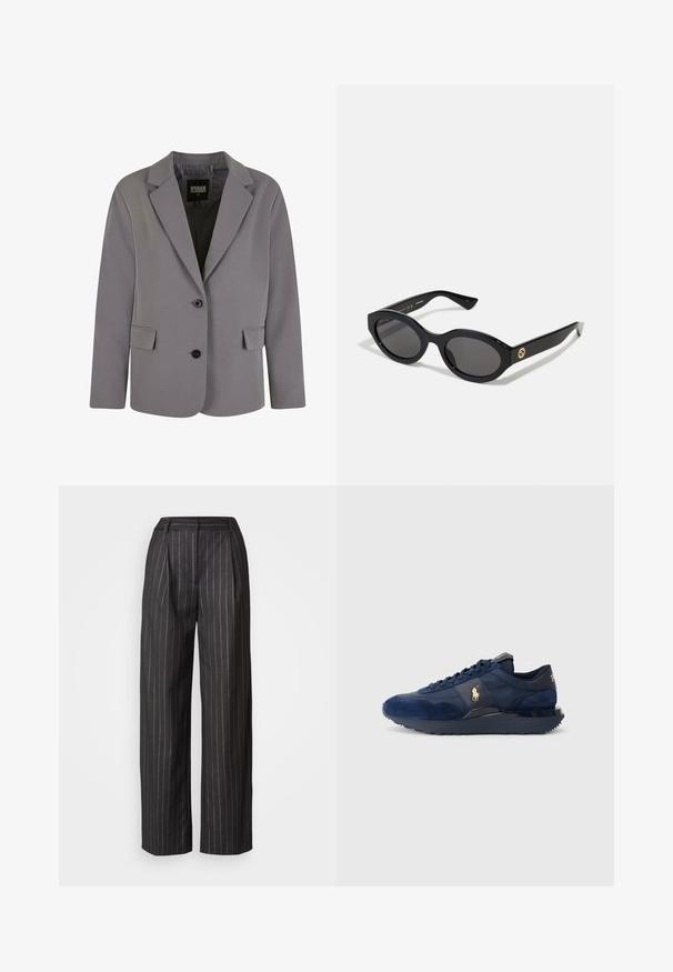 Gray blazer made of smooth fabric features a notch lapel, two buttons, and side pockets with a tailored fit and minimal stitching details.; Grey turtleneck sweater made of soft knit material with ribbed cuffs and hem. Features a relaxed fit and a structured neckline.; White button-up shirt made of smooth cotton with a classic collar, featuring a straight hem and beige buttons along the front.; Black pinstriped trousers with a wide-leg design, pleated front, and a smooth texture. Features a waistband and no visible pockets.; Navy blue athletic shoes with suede and mesh materials, featuring a rubber sole, lace-up design, and a golden logo accent.; Black oval sunglasses with dark lenses and glossy plastic frame. Features gold logo on the temple, offering a sleek and modern design.; Black tote bag made from fabric, featuring a prominent embossed logo in a circular design. Smooth texture with contrasting leather accents.