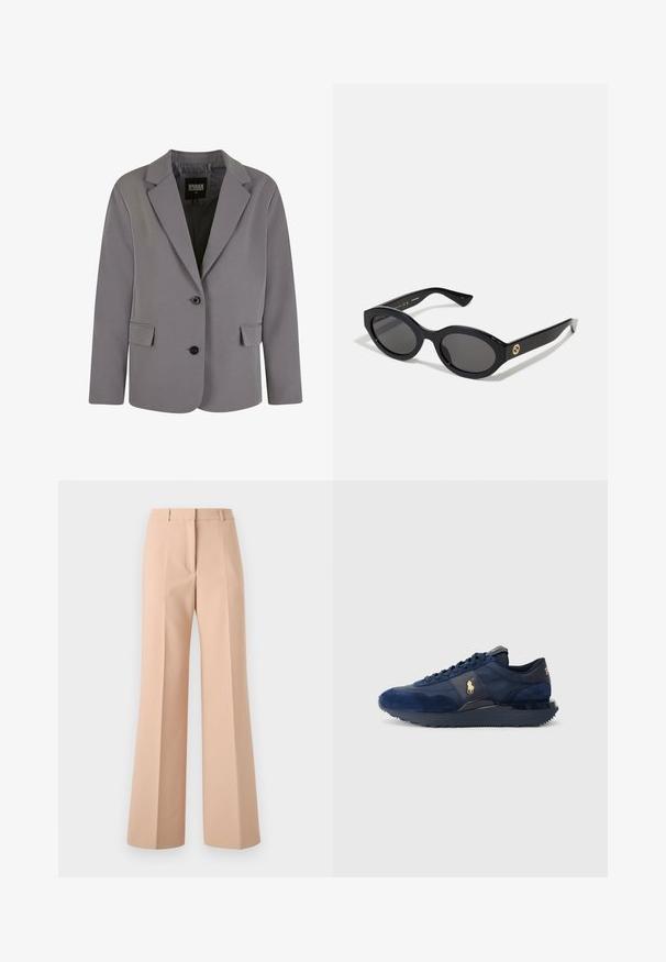 Gray blazer made of smooth fabric features a notch lapel, two buttons, and side pockets with a tailored fit and minimal stitching details.; Grey turtleneck sweater made of soft knit material with ribbed cuffs and hem. Features a relaxed fit and a structured neckline.; White button-up shirt made of smooth cotton with a classic collar, featuring a straight hem and beige buttons along the front.; Beige, high-waisted trousers with a wide-leg design. Made from smooth fabric, featuring front pleats and a clean waistband.; Navy blue athletic shoes with suede and mesh materials, featuring a rubber sole, lace-up design, and a golden logo accent.; Black oval sunglasses with dark lenses and glossy plastic frame. Features gold logo on the temple, offering a sleek and modern design.; Black tote bag made from fabric, featuring a prominent embossed logo in a circular design. Smooth texture with contrasting leather accents.