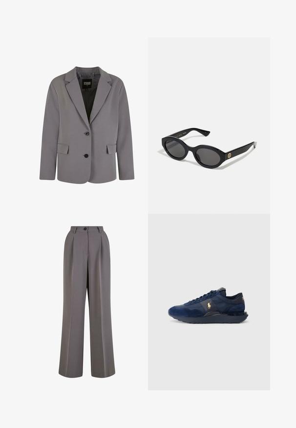 Blazer gris en tissu lisse avec un col en pointe, deux boutons et des poches latérales, doté d'une coupe ajustée et de détails de couture minimalistes.; Pull en col roulé gris en maille douce avec des poignets et un ourlet côtelés. Présente une coupe décontractée et un col structuré.; Chemise blanche à boutons, en coton lisse, avec un col classique, présentant un ourlet droit et des boutons beiges le long du devant.; Pantalons à jambe large en tissu gris, dotés de plis avant, d'une fermeture à un bouton et de poches latérales. Texture lisse et design ajusté.; Baskets de sport bleu marine en matériaux suede et mesh, avec une semelle en caoutchouc, un design à lacets et un accent de logo doré.; Lunettes de soleil ovales noires avec des verres sombres et une monture en plastique brillant. Présente un logo doré sur la branche, offrant un design épuré et moderne.