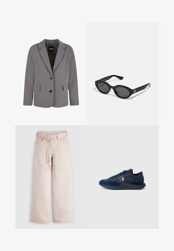 Grijze blazer van gladde stof met een notch lapel, twee knopen en zijzakken, met een getailleerde pasvorm en minimale stikdetails.; Grijze coltrui gemaakt van zachte gebreide stof met geribbelde manchetten en zoom. Heeft een relaxte pasvorm en een gestructureerde halslijn.; Witte blouse met knopen van glad katoen met een klassieke kraag, voorzien van een rechte onderkant en beige knopen aan de voorkant.; Lichtbeige wijde-denim broek met een knoopsluiting, riemlussen en voorzakken. Een gladde textuur met een relaxte pasvorm.; Marineblauwe sportschoenen van suède en mesh, met een rubberen zool, vetersluiting en een gouden logoaccent.; Zwarte ovale zonnebril met donkere glazen en een glanzend kunststof frame. Heeft een gouden logo op de poot, dat een strakke en moderne uitstraling biedt.; Zwarte draagtas van stof, met een opvallend reliëflogo in een cirkelvormig ontwerp. Gladde textuur met contrasterende leren accenten.