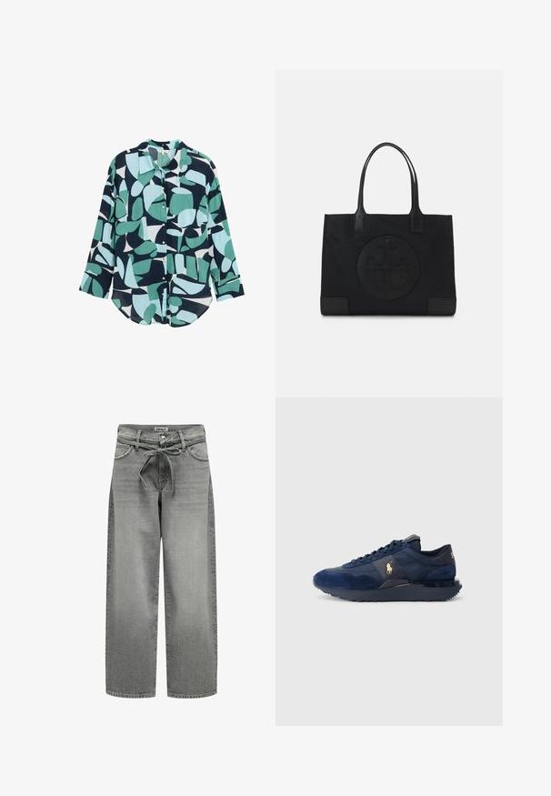 Szary żakiet wykonany z gładkiego materiału, z klapami w kształcie notcha, dwoma guzikami oraz bocznymi kieszeniami, o dopasowanym kroju i minimalnych detalach przeszycia.; Szary sweter z golfem wykonany z miękkiego dzianiny, z prążkowanymi mankietami i dołem. Posiada luźny krój i wyraźnie zarysowaną linię dekoltu.; Koszula z guzikami z zielono-granatowym abstrakcyjnym wzorem, z długimi rękawami i luźnym krojem. Wykonana z lekkiego materiału o miękkiej teksturze.; Szerokie spodnie dżinsowe w kolorze szarym z elastycznym pasem regulowanym sznurkiem oraz przednimi kieszeniami. Materiał ma lekko teksturowaną powierzchnię i wyblakłe wykończenie.; Granatowe buty sportowe z materiałów zamszowych i siateczkowych, z gumową podeszwą, sznurowanym zapięciem i złotym akcentem logo.; Czarna torba na ramię wykonana z tkaniny, z wyraźnym wytłoczonym logo w okrągłym kształcie. Gładka textura z kontrastującymi skórzanymi akcentami.